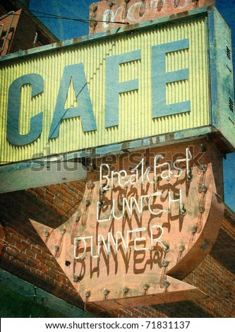 aged and worn vintage photo of old abandoned cafe and neon sign
