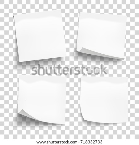 Set of white sheets of note paper isolated on transparent background. Four sticky notes. Vector illustration Royalty-Free Stock Photo #718332733