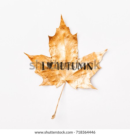 Golden maple leaf with words I Love Autumn. Minimal concept idea