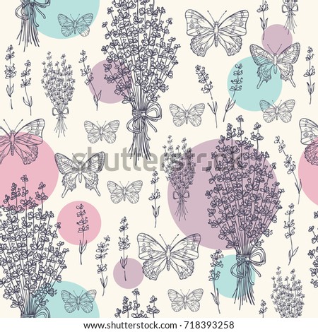 Seamless pattern with lavender and butterfly. Vector hand drawn illustration.