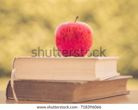 World Book Day concept. Retro and selective focus of red apple put on stack of old books.