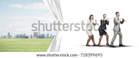 Three businesspeople pulling white blank fabric with rope