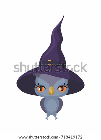 Little cute owl in a witch hat in a cartoon style. Children's illustration on white background.