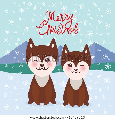 Merry Christmas New Year's card design Kawaii funny brown husky dog, face with large eyes and pink cheeks, boy and girl, mountain landscape snowflakes background. Vector