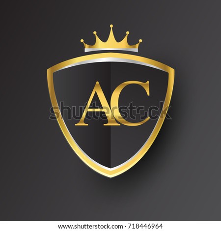 Initial logo letter AC with shield and crown Icon golden color isolated on black background, logotype design for company identity.