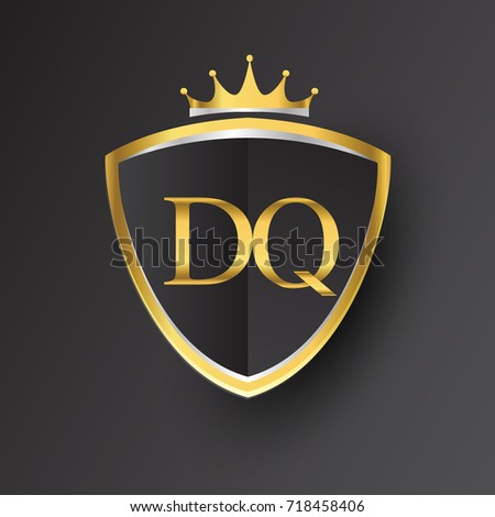 Initial logo letter DQ with shield and crown Icon golden color isolated on black background, logotype design for company identity.