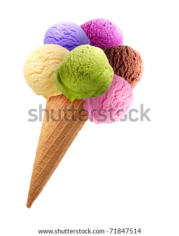 Strawberry, mint, chocolate mixed ice cream scoops in cone isolated on white background