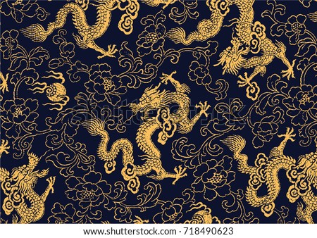 Chinese traditional golden dragon and peony pattern Royalty-Free Stock Photo #718490623