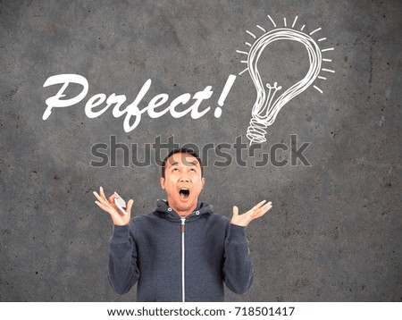 Man with cell phone on right hand side happily getting a good idea to do something, a white perfect wording and light bulb above his head 