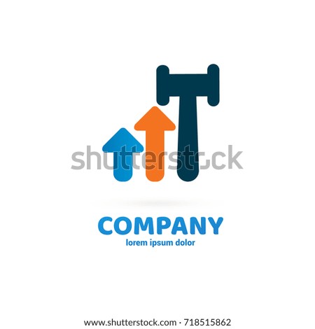 Illustration of business logotype bidding and auction. Vector design logo hammer and arrow. Court pictogram, lawyer abstract icon
