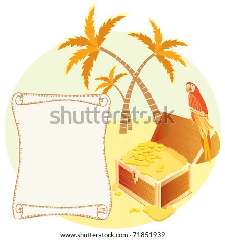 Pirate's treasure with parrot and palms. Vector cartoons