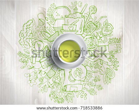 Realistic cup of green tea with circle doodles. Sketched green tea healthy elements, natural products and objects related to green tea, vector hand draw illustration. Royalty-Free Stock Photo #718533886
