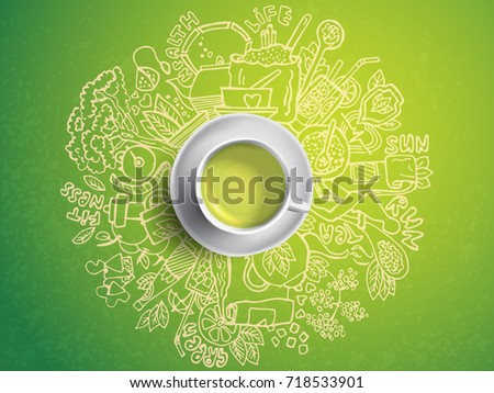 Realistic cup of green tea with circle doodles. Sketched green tea healthy elements, natural products and objects related to green tea, vector hand draw illustration. Royalty-Free Stock Photo #718533901
