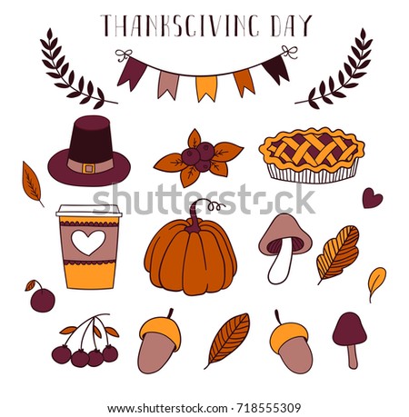 Thanksgiving day set with thematic elements : pumpkins, hats, food and drinks. Inspired by fall illustration. Hand drawn vector clip-art.