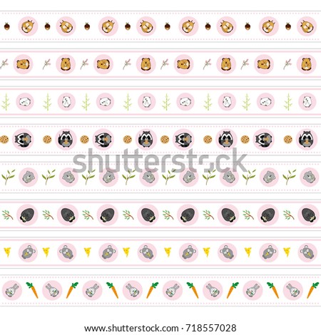 Vector set of endless, seamless border patterns. Template for washi tape (means paper tape), masking tape, sticky ribbon, dividers, pattern board. Kawaii anime animals in circles, flat style
