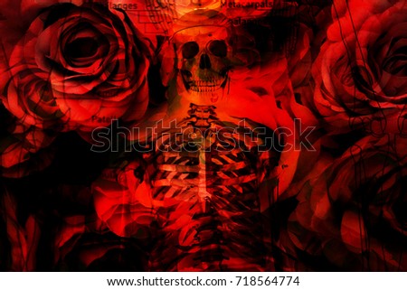 Multiple exposure, Roses, skull and  skeleton for Halloween background.