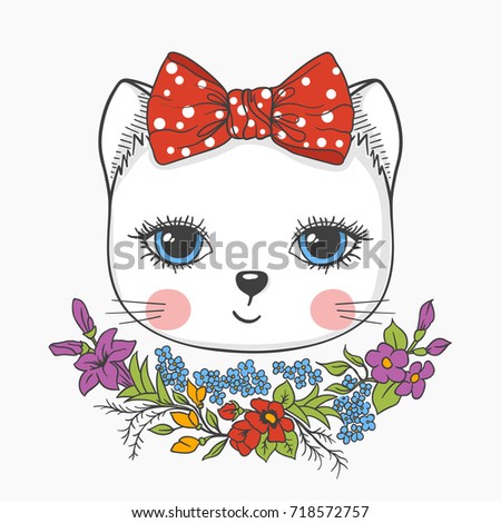 Cute cat girl with flowers. Vector illustration for print on t-shirt and other uses