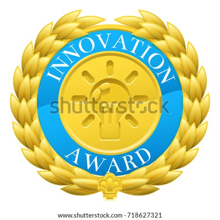 A gold innovation winner medal with a laurel wreath design