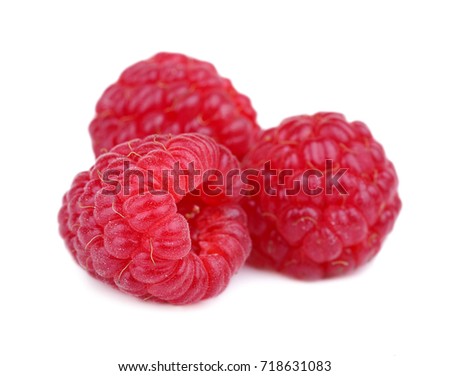 Close-up picture of a group of three big, bright pink raspberries isolated on a white background. Juicy raspberries for a vegetarian dessert, smoothie or sweet snack. Organic antioxidant berries.
