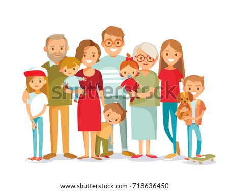 Big happy multi-generational family siblings relatives portrait. Vector people. Seniors mother and father with babies, children grandchildrens and grandparents. Grandma grandpa mom dad. Royalty-Free Stock Photo #718636450