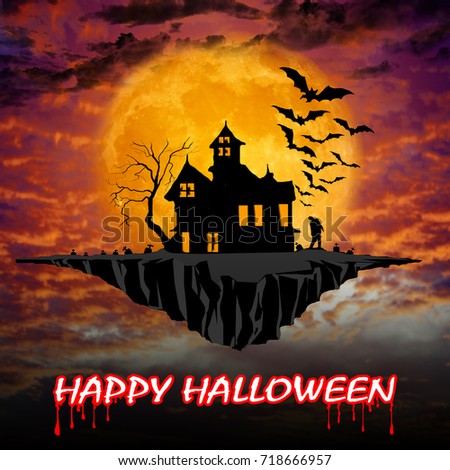 Scary Halloween background scene with castle and full moon. Flying island  illustration