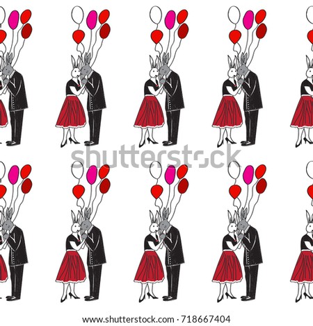 Sweet couple,bunnies in human bodies in love. valentines day or wedding, celebration with balloons, lovers. freehand drawing vector. modern seamless pattern.

