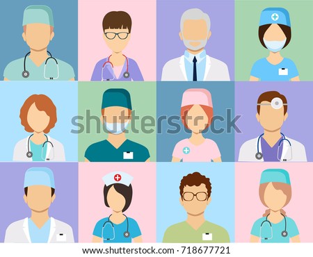 Avatar doctors. Medical staff - set of icons with doctors, surgeons, nurses and other medical practitioners. Royalty-Free Stock Photo #718677721
