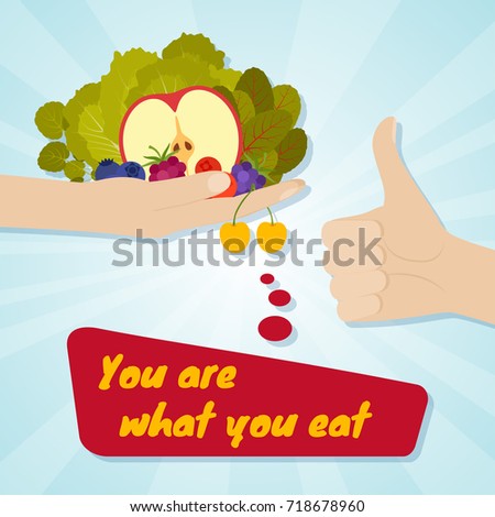 Hand giving healthy eating. Food choice concept. You are what you eat. Vector illustration.