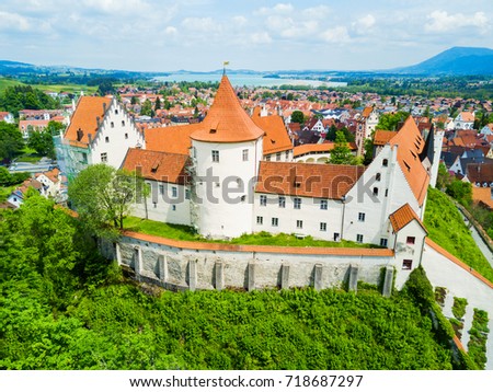 Hohes Schloss Fussen or Gothic High Castle of the Bishops aerial panoramic view, Germany. Hohes Schloss lies on a hill above Fuessen old town in Swabia. Royalty-Free Stock Photo #718687297