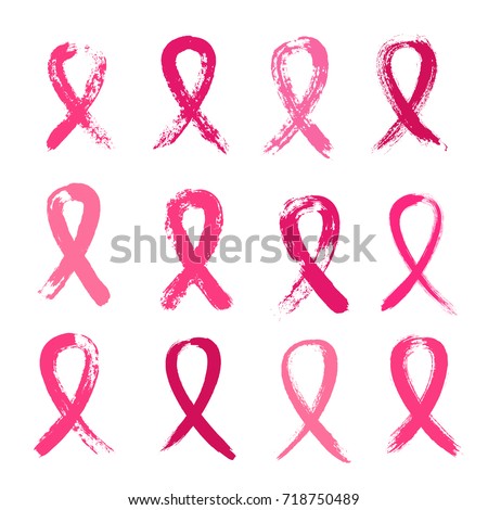 Pink Ribbons Set - Symbols of Breast Cancer Awareness Month. Brush strokes objects isolated on white background. Grunge painted design elements. Vector illustration.