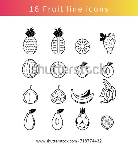 Fruit line icon set black and white. Pineapple, grapes, cocos, apricot, fig, banana, plum and dragon fruit.