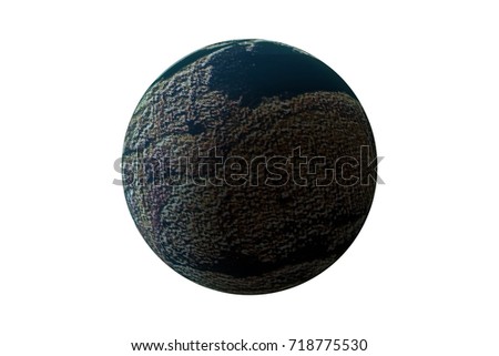 Unknown planet with blue atmosphere, on photo texture, isolated on white