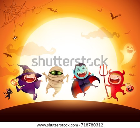 Halloween Kids Costume Party. Group of kids in Halloween costume jumping in the moonlight. Orange background. Royalty-Free Stock Photo #718780312