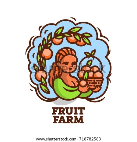 Girl farmer with a basket of fruit. Vector illustration.