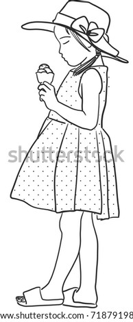 Vector art drawing of a little Asia girl holding ice cream