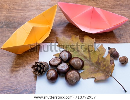 The composition of the autumn elements of the forest: an oak leaf, chestnuts, cones.