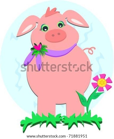 Pink Pig in a Flower Garden