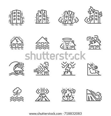 Natural Disaster, Vector illustration of thin line icons for Natural Disaster Contains such Icons as earth quake, flood, tsunami and other Royalty-Free Stock Photo #718832083