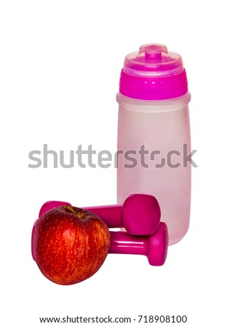 Bottle of water, dumbbells and red apple isolated on white background