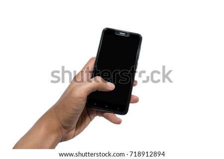 hand holding black smartphone Royalty-Free Stock Photo #718912894
