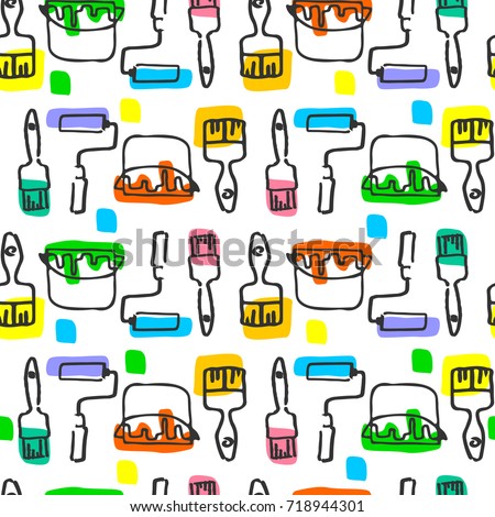 Painters hand drawn seamless pattern. Colorful background with paint, brushes and rollers.