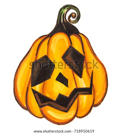 Pumpkin drawing on white paper painted by hand. Isolated square picture.