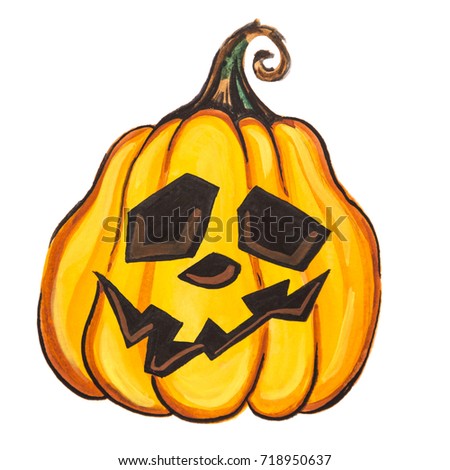 Yellow cheerful pumpkin painted with colors on paper. Isolated square picture.