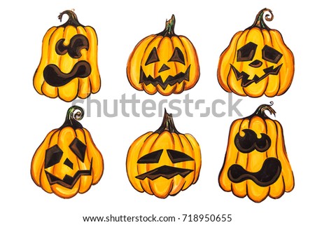 Six pumpkins with different emotions painted on white paper. Isolated.