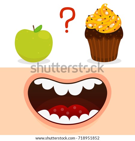 Cartoon mouth and choice between apple and cake,  oral dental hygiene, set, collection, vector.