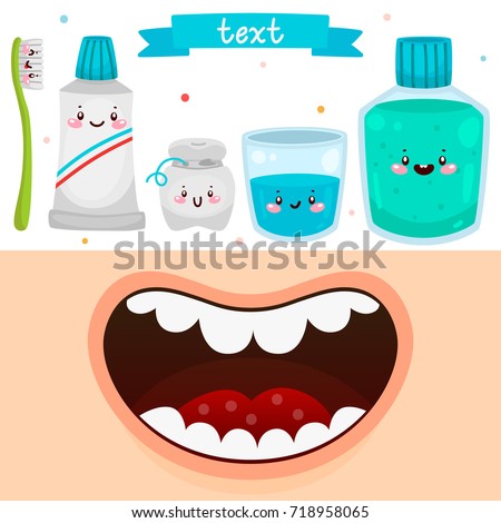Cartoon mouth and tools for oral dental hygiene, informational poster for children, vector.