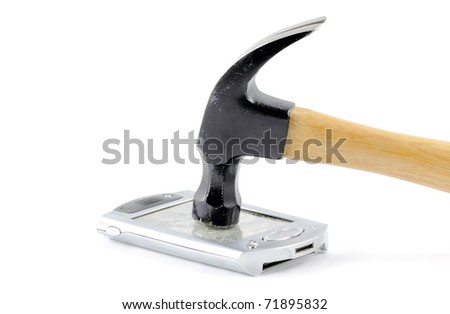 A hammer smashing the screen of a handheld electronic device, isolated on a white background.