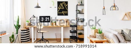Modern painting on white wall above desk with desktop computer in multifunctional home office with copper basket