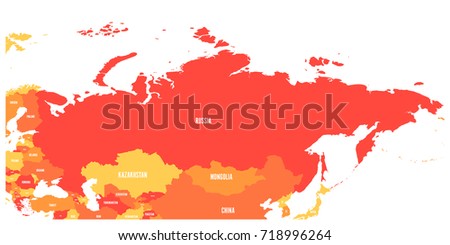 Political map of Russia and surrounding European and Asian countries. Four shades of orange map with white labels on white background. Vector illustration.