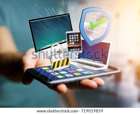 View of a Shield symbol surrounded by padlock and devices displayed on a futuristic interface - Security and internet concept